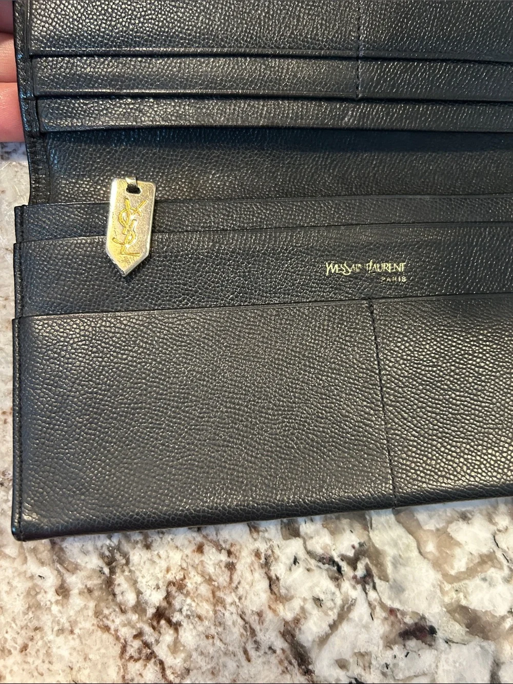 Saint Laurent Black Leather Wallet with Gold Corner Hardware EUC